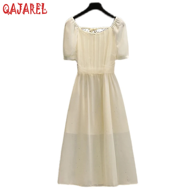 

Летнее белое шифоновое платье миди с квадратным вырезом и рукавами-фонариками, женское модное платье в стиле бохо, модель 2023 года, корейское однотонное элегантное облегающее платье