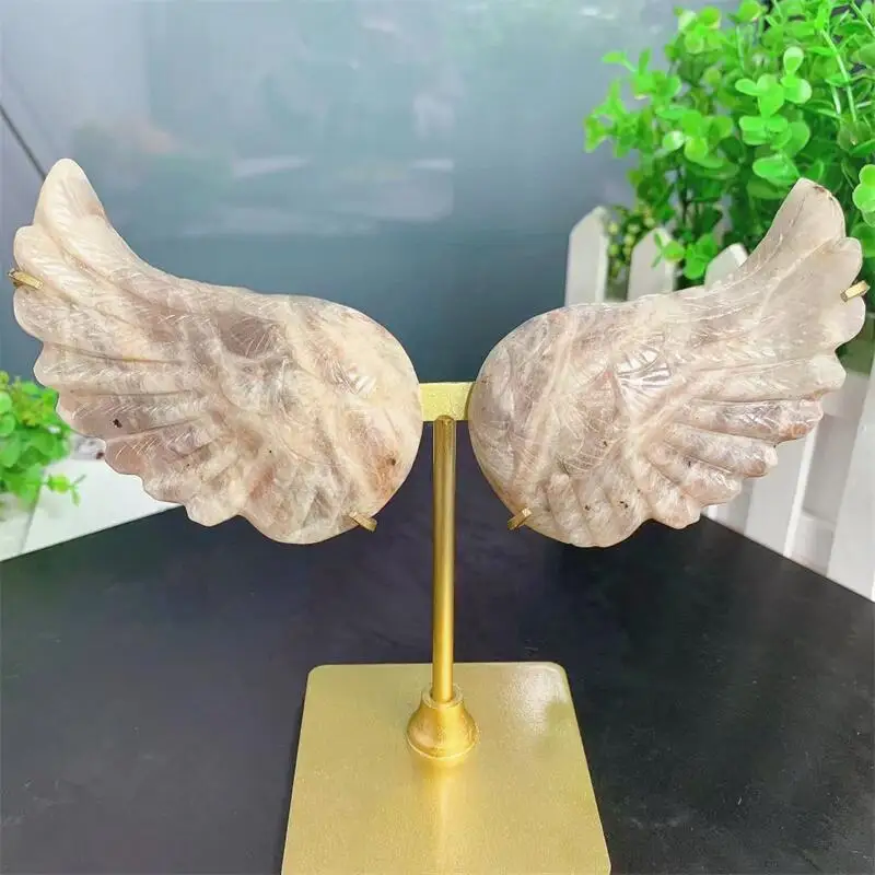 1pair Natural Polished Moon Stone Angel Wings Crystal Carving Healing Stone Reiki Gemstone DIY Crafts Decoration Gift