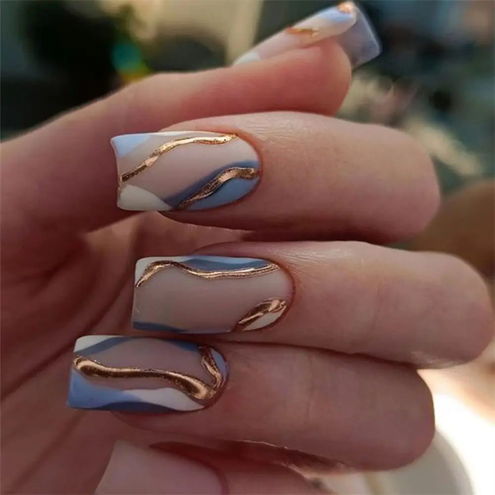 Длинные квадратные накладные ногти Новые блестящие французские со съемными