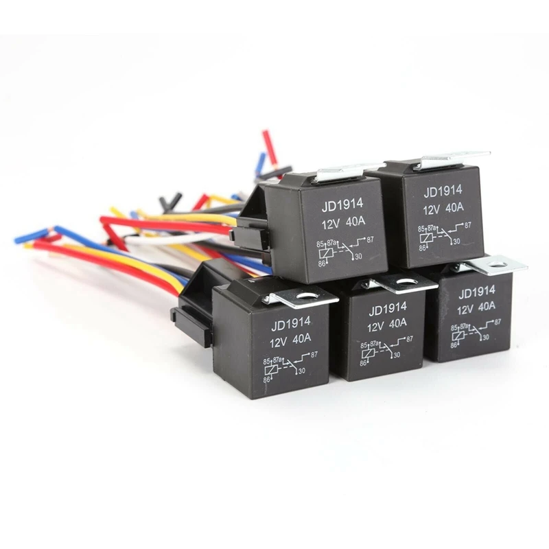 JD1914 Automotive Relay Harness Set 5-Pin 40A 12V SPDT With Interlocking Socket And Wiring Harness-5 Pack