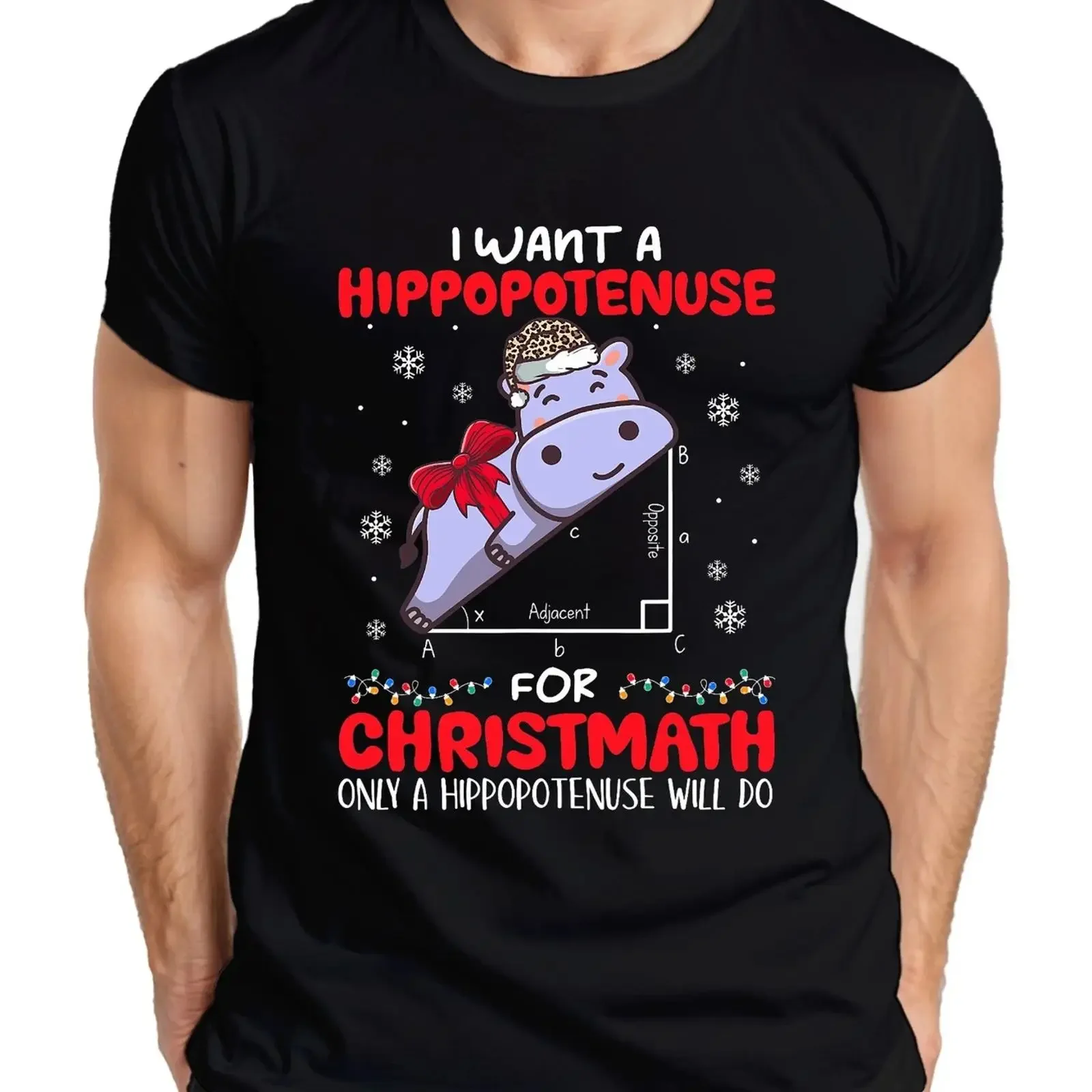 Фото Мужская футболка Hippopotenuse Christmas Hippo Santa Schleife Schnee Mathe Lustig, винтажная, с эффектом потертости, универсальная, мягкая, модная, с графическим принтом №1