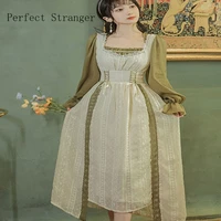 2022 spring new arrival vintage princess style hot sale square collar fake two pieces long chiffon cotton dress apricot