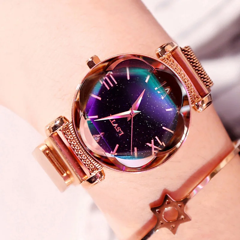 

Luxury Rose Gold Starry Sky Women Watches Bayan Kol Saati Fashion Stainless Steel Woman Watch Creative Magnet Buckle Women Clock