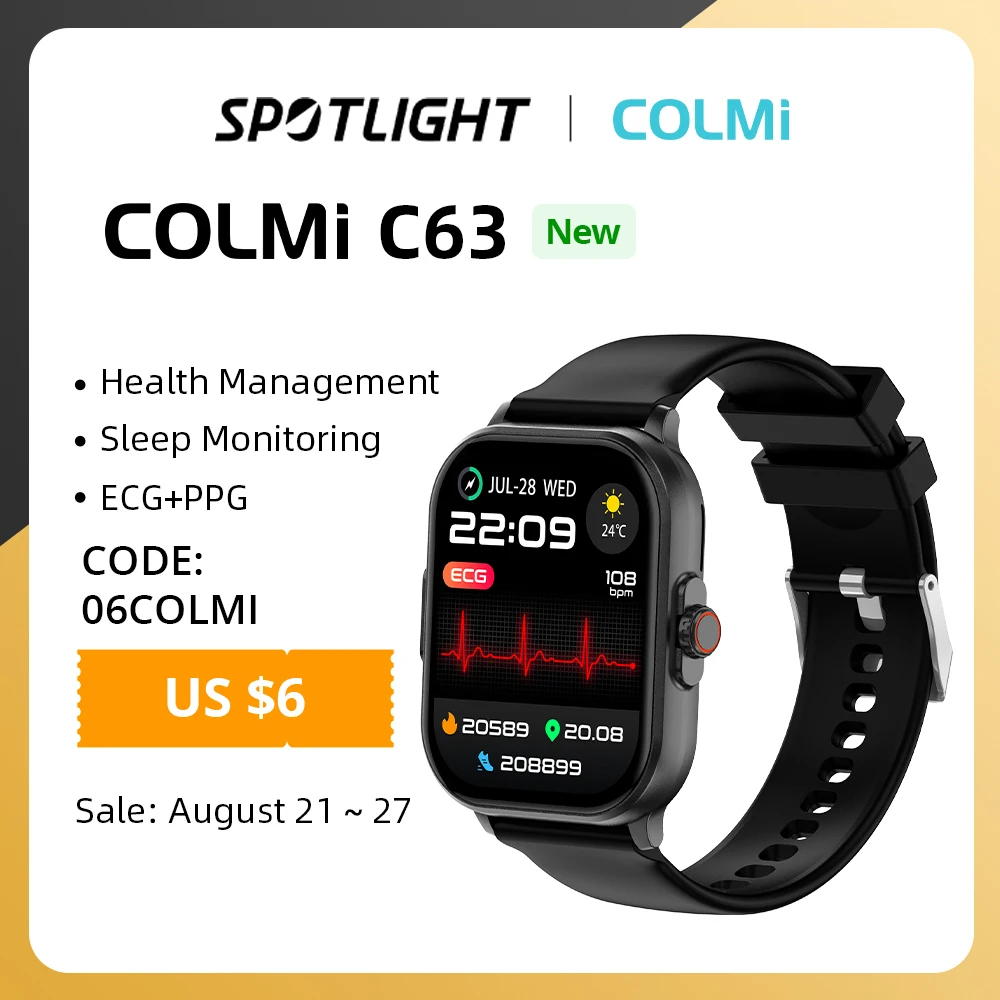 [2023 Новинка] Смарт-часы COLMi C63 ECG + PPG с кислородом для здоровья крови 2,01 