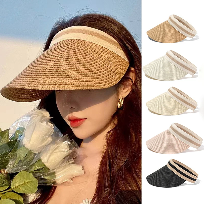 

Summer Women Straw Hat Soft Folding Sun Hats Wide Brim Empty Top Ladies Outdoor Beach Panama Caps Ponytail Bucket Hat