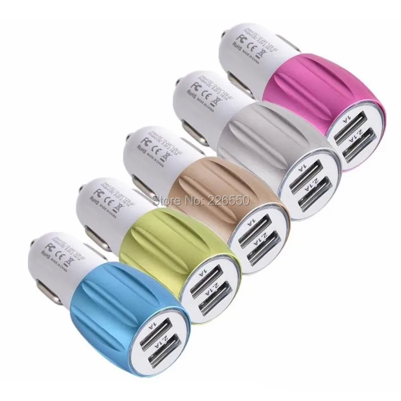 

500pcs Aluminum Alloy Metal Dual Usb Ports 2.1a+1a Usb Car Charger Adapter For Iphone Samsung S 8 9 10 For Gps Mp4 MP3 Factory