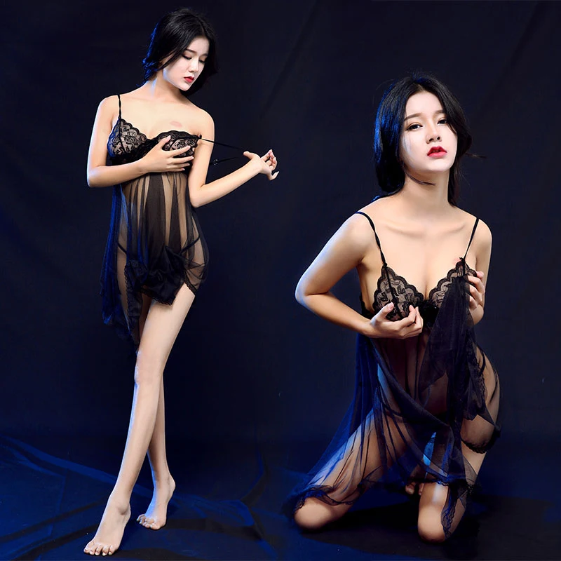 

Sexy seduction set women's transparent lace mesh pajamas with suspenders