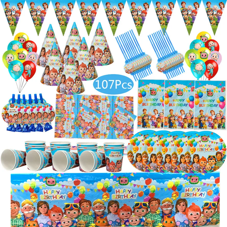 

Coco JJ Theme Party Supplies Disposable Tableware Set Cup Plate Napkin Straw Balloons Happy Birthday Kid’s Favorite Decoration