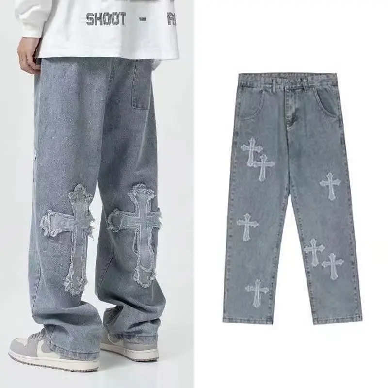 Korean Straight Baggy Punk Clothes Streetwear Gothic Jeans Men and Women Y2K High Waist Jeans Trousers Casual Cross Cargo Pants