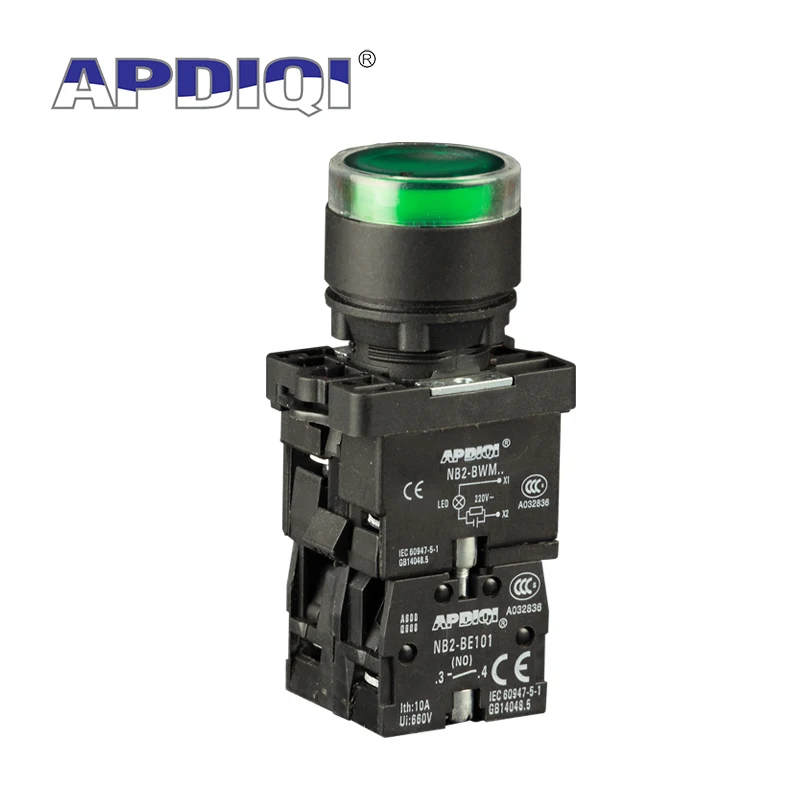 

APDIQI 1Pcs XB2 EW33B1 Plastic Illuminated Push Button Momentary Switch NC Voltage 220V 24V Flat Head Start Power Reset 22MM