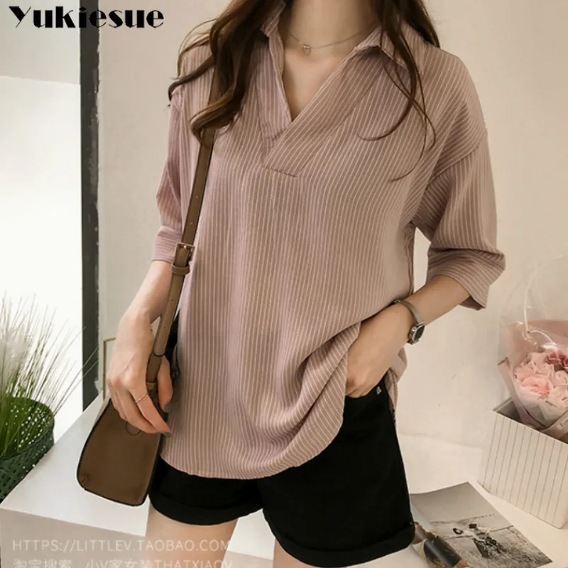 Блузка женская с V-образным вырезом модная рубашка в полоску топ и блузы