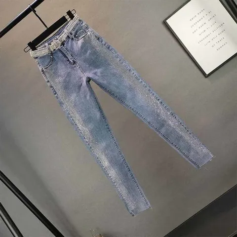 Spring Autumn Streetwear Women Vintage Blue slim Diamonds High Waisted Jeans Ankle-length Denim Pants Trousers  5XL
