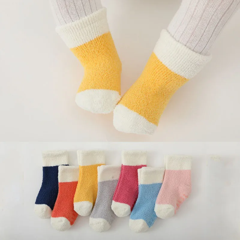 

5 Pairs/Lot Non Slip Socks Kids Coral Fleece Warm Baby Socks Candy Color Girls Boys Floor Socks For 0 to 3 Years Autumn Winter
