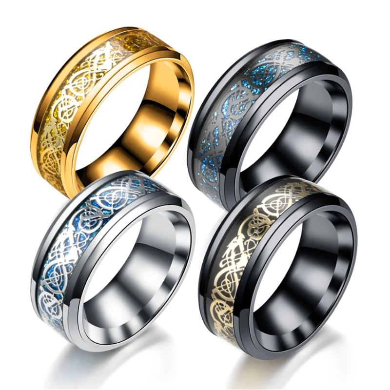 

Vintage Gold Dragon Stainless Steel Rings Jewelry Red Blue Black Dragon Inlay Comfort Fit Rings for Men Wedding Ring
