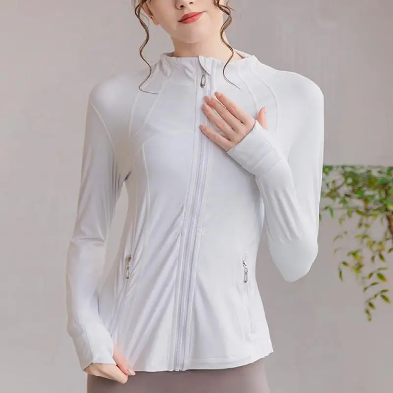 

Спортивная куртка, тонкая свободная одежда для йоги, топ на молнии с длинными рукавами для фитнеса и бега, эластичный Быстросохнущий кардиган с капюшоном, женская спортивная одежда