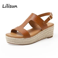 espadrille wedge sandals for women platform ankle strap brown sandals peep toe concise casual summer shoes sandalias de mujer