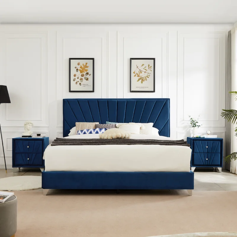 

King Size Bed with Two Bedside Tables Beautiful Line Stripe Cushion Headboard Strong Wooden Strip with Electroplated Metal Legs