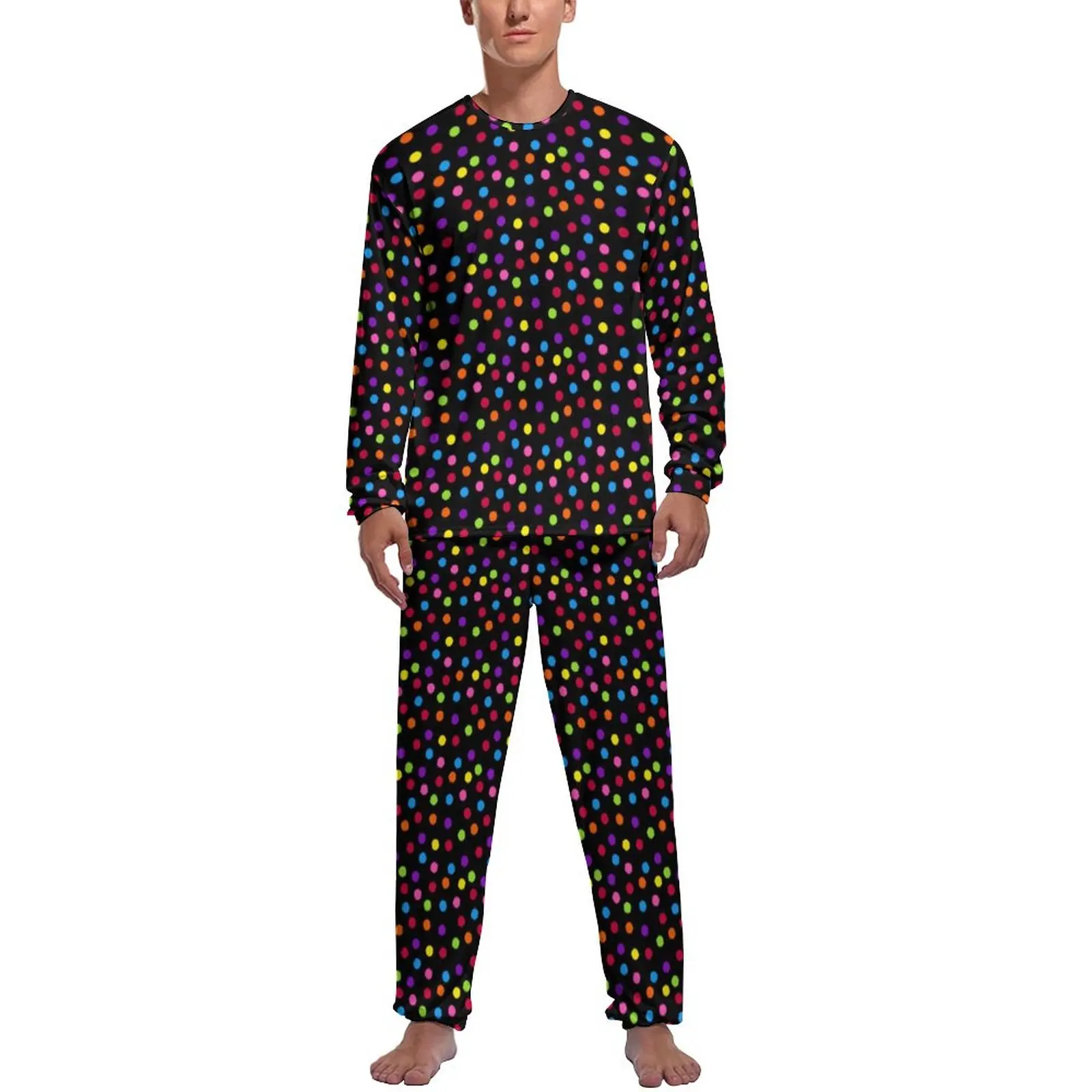 Colorful Polka Dot Pajamas Long-Sleeve Rainbow Spots Print 2 Pieces Aesthetic Pajama Sets Spring Men Graphic Lovely Home Suit