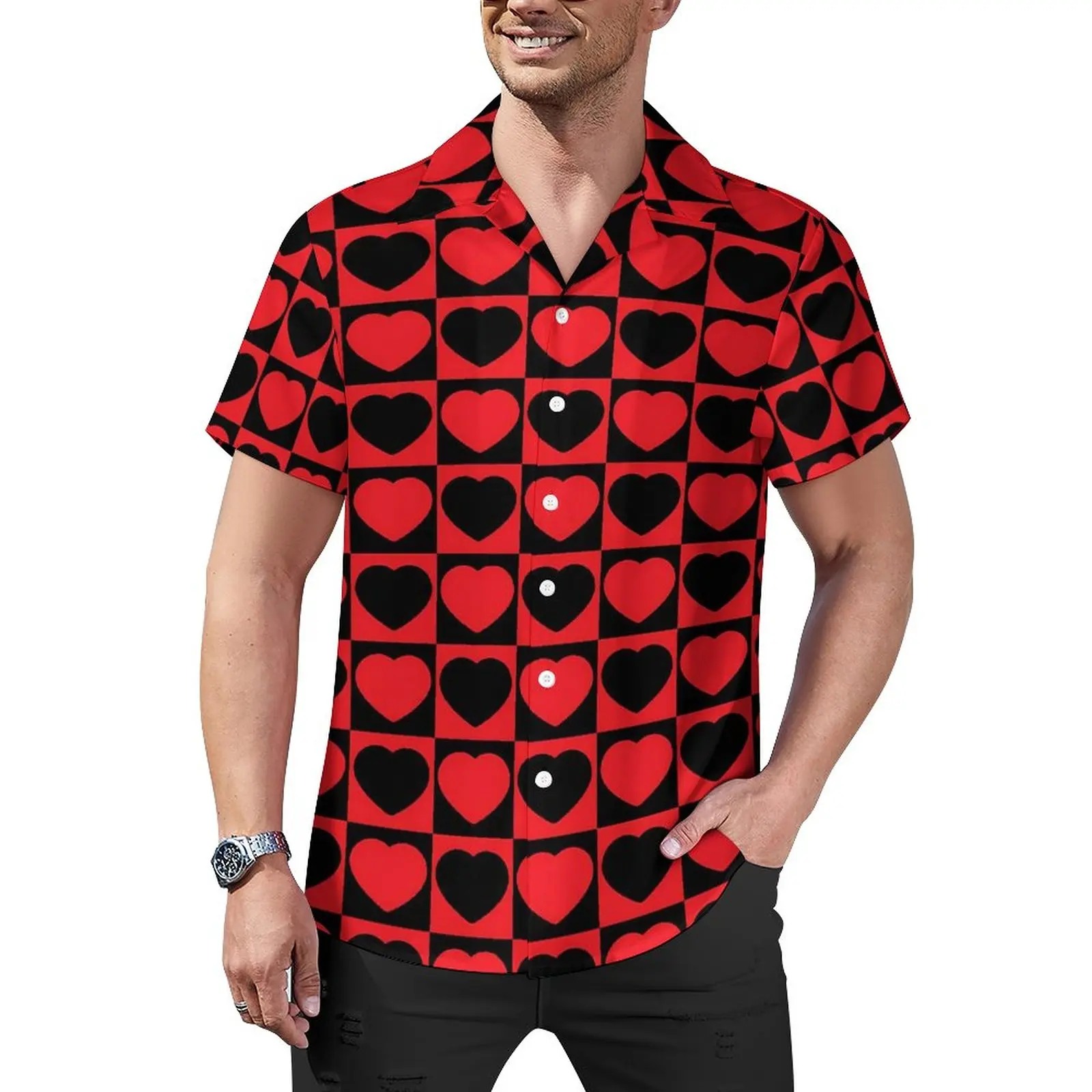 

Valentine Hearts Casual Shirt Black and Red Vacation Loose Shirt Hawaiian Streetwear Blouses Short Sleeves Print Oversized Tops