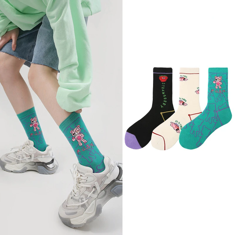 3 Pairs /Lot Men Fashion Print Harajuku Cotton Sports Running Crew Socks Women Cool Funny Casual Pastel Pack Long Tube Set