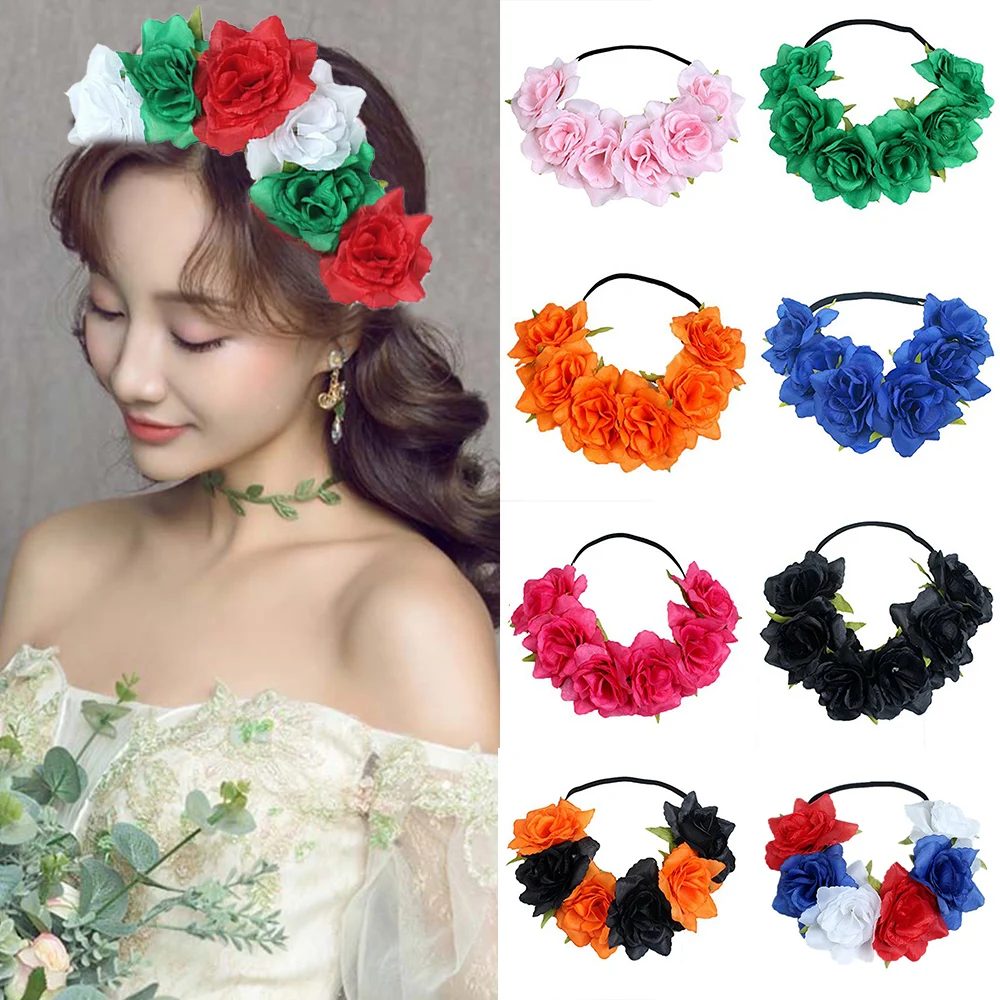 

Hair Accessories Faux Rose Stretch Headpieces Wedding Floral Wreaths Garland Rose Flower Headbands Bohemia Style 1PCS Fashion