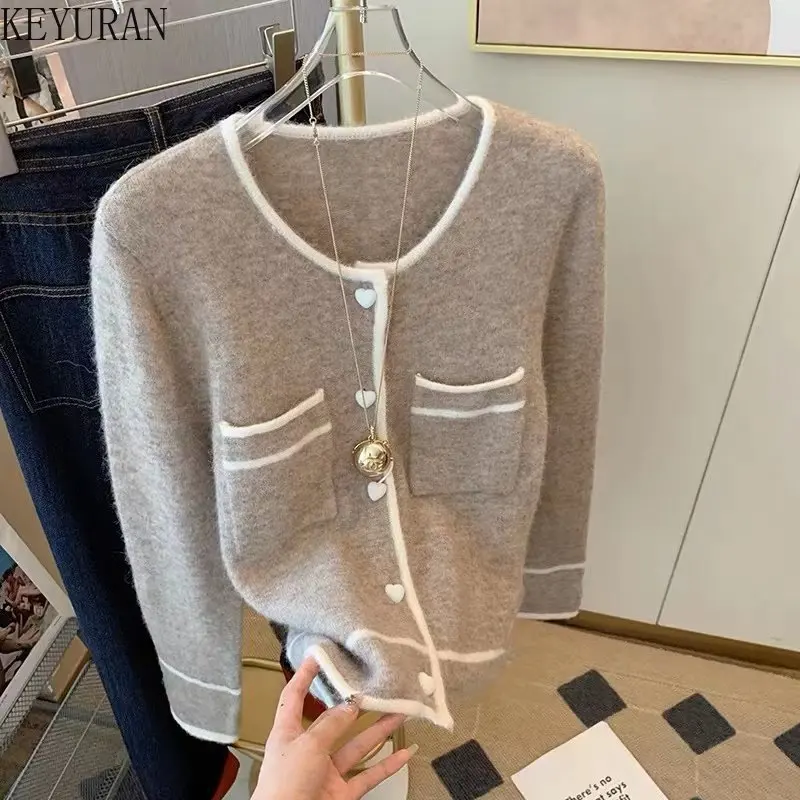 

Женский трикотажный кардиган на пуговицах, Укороченный кардиган серого цвета с круглым вырезом и длинным рукавом, Осень-зима 2022