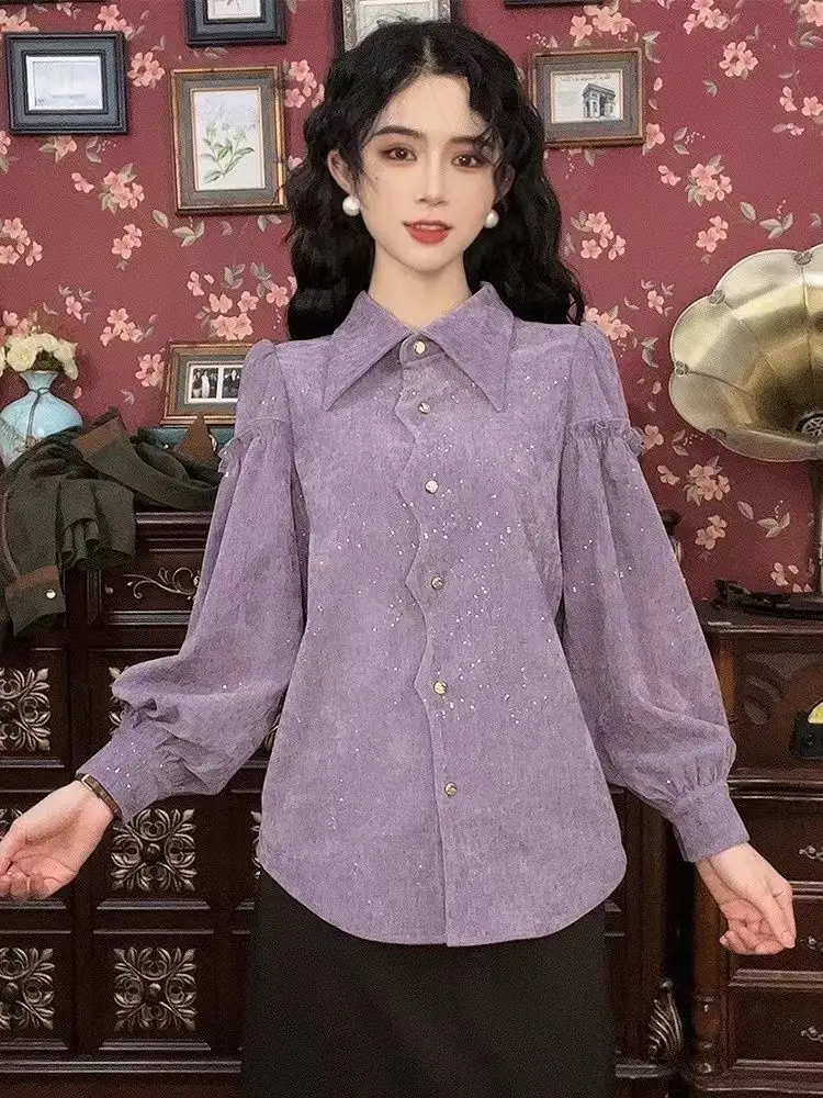 Женская дизайнерская рубашка в стиле ретро с длинным рукавом весенне-осенняя