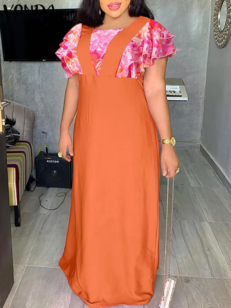 

Oversized Women Sleeveless Ruffled Dress VONDA 2022 Sexy Cuff Dress Floral Print Pleated Party Maxi Sundress Robe Femme Vestidos