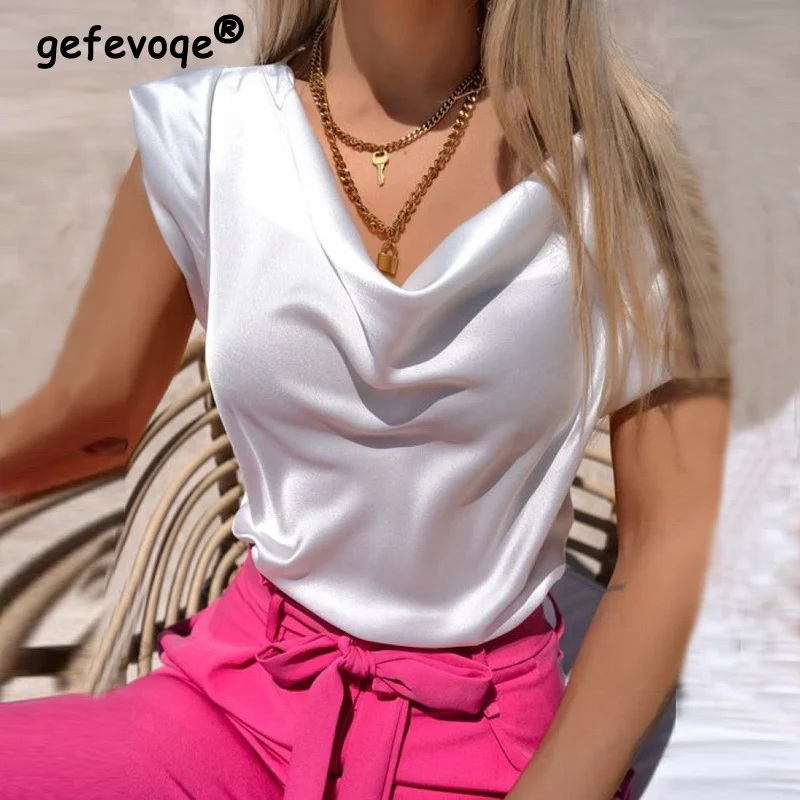 

Women's Summer Fashion Satin Solid Simple Streetwear Short Sleeve Elegant Blouse Shirt Vintage Office Ladies Loose Tops Blusas
