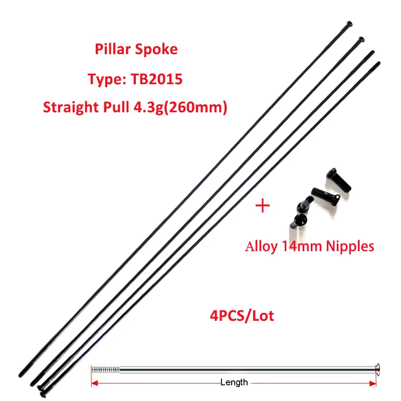 

4pcs/lot Pillar TB2015 Bike Spoke FG14 2.0mm straight pull 4.3g Light Triple Butted Stainless Steel Black 255-306mm Alloy Nipple