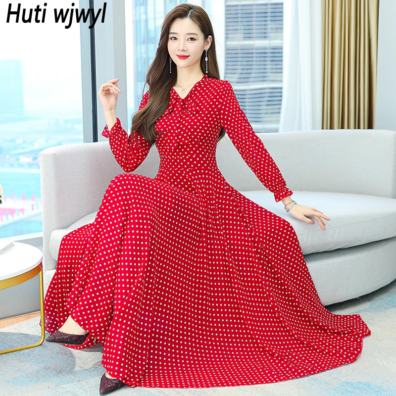 

Женское шифоновое платье макси в горошек, красное элегантное облегающее повседневное пляжное платье бохо, винтажный вечерние ничный сарафан для весны и лета, 2023