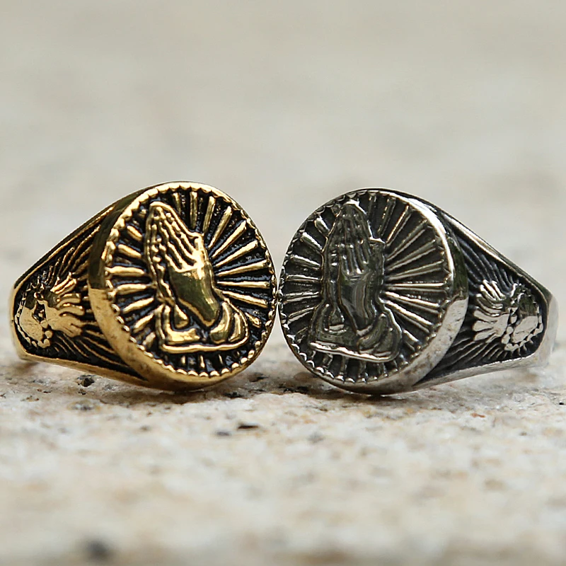 

Vintage Gold/Silver Color Christ Prayer Signet Ring Men Women Crown Heart 316L Stainless Steel Biker Ring Fashion Lucky Ring