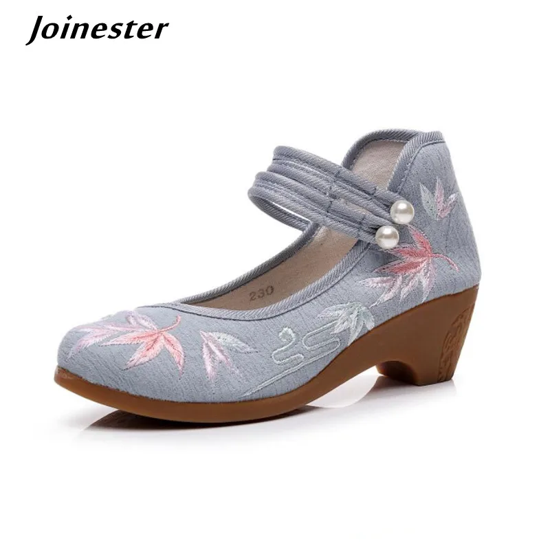 

Ankle Strap Women Pumps Ethnic Embroidery Mary Jane Dress Shoes for Ladies Mid Heel Cotton Fabric Espadrilles Vintage Sandals