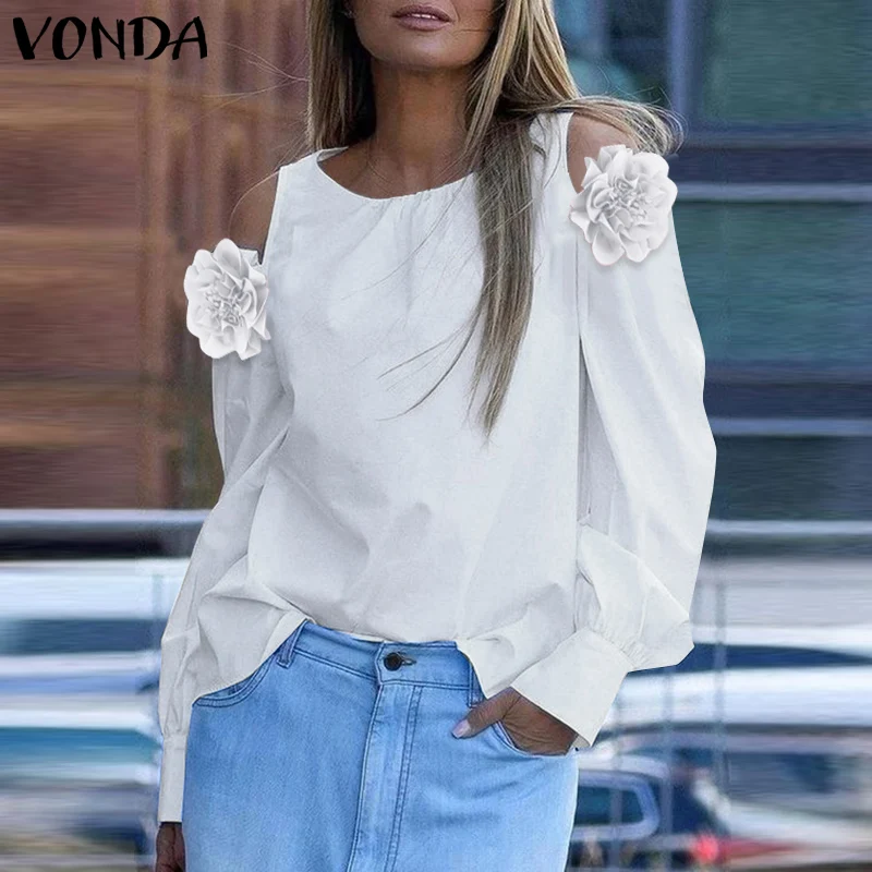 Фото Женские блузки VONDA больших размеров 5XL, топы с открытыми плечами, повседневные однотонные блузы, туники с длинным рукавом и круглым вырезом, с цветочным принтом, рубашки оверсайз №1