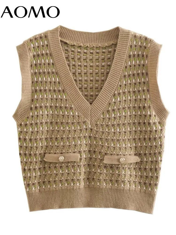 

AOMO 2022 Women Vintage Knitted Vest Sweater V Neck Sleeveless Female Waistcoat 1F62A