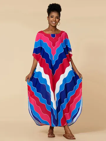 2023 Радужный женский кафтан с богемным принтом и рукавами «летучая мышь», уличная одежда, платье макси, женская пляжная одежда, накидка для плавания Q1435