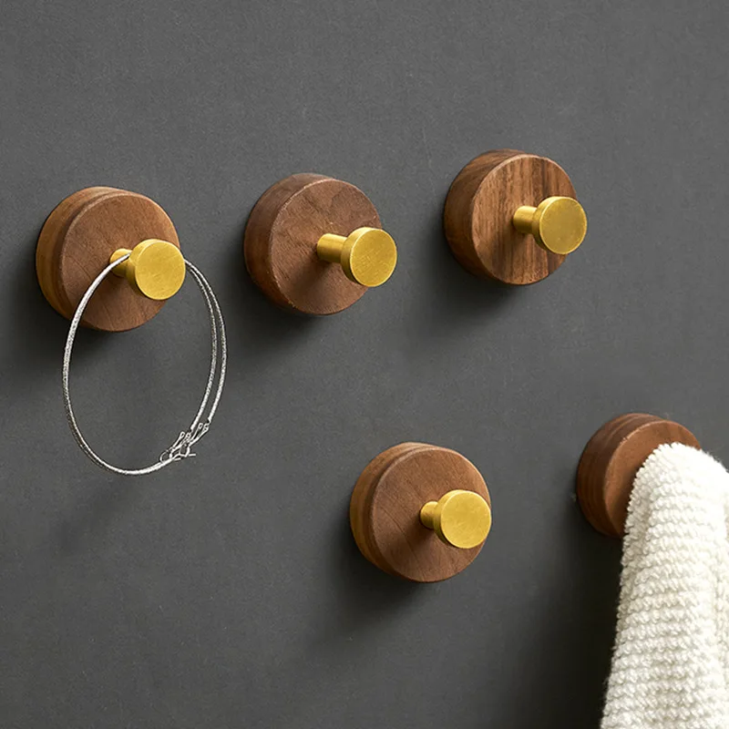 

1pcs Walnut Wood Hook Bathroom Door Hanging Clothes Hook Wood Gold Key Clothes Hat Adhesive Hook Kitchen Decoration Accessories