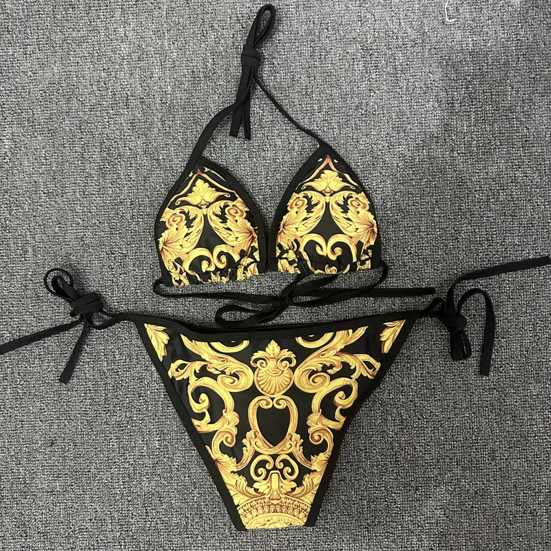 

New Sexy Swimsuit Golden Floral Print Two Piece Bikini Female Brazilian Bather Bathing Suit 2023 Women Swimwear Beach biquínis