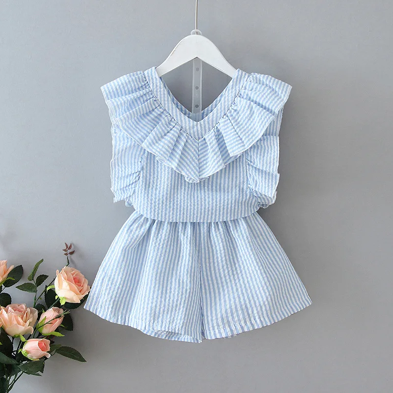 

Sodawn Clothing Set Summer Striped Top+Shorts 2Pcs Ruffle Trim Girl Set Kid Clothes Children Clothes For 4-6 Years