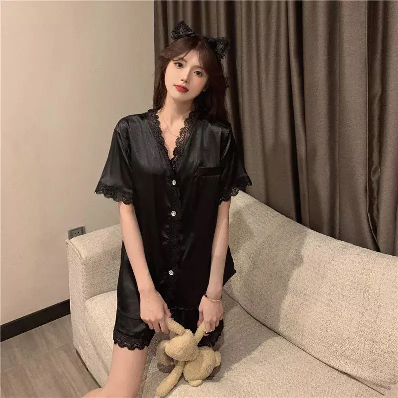 1 Summer short sleeved pajamas women's ice silk thin student  plus size cute loungewear two-piece set spring autumn and summer