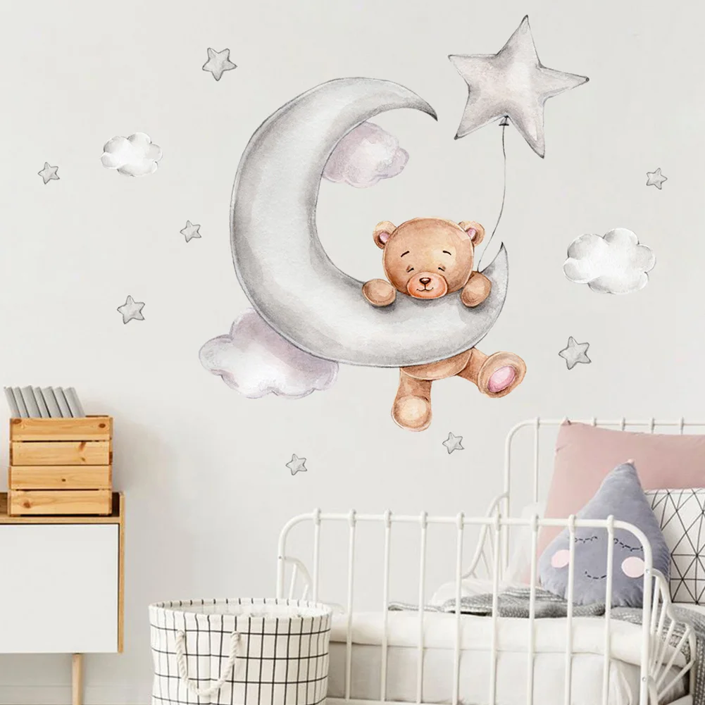 

Cartoon Bear Stars Wall Stickers Bedroom for Baby Kids Room Background Home Decoration Living Room Wallpaper Nursery Sticker