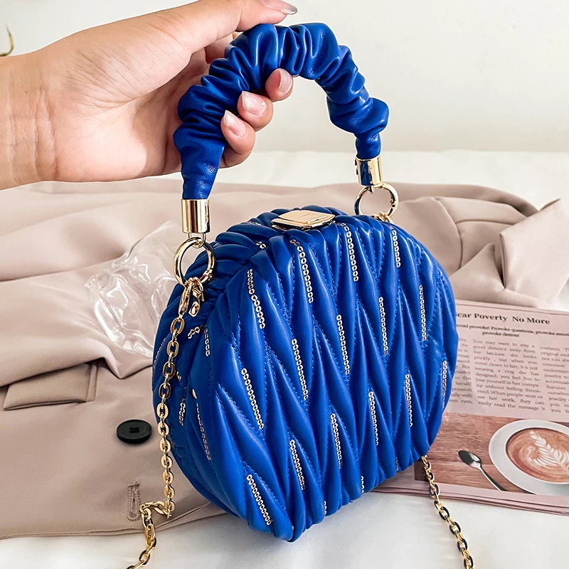 

Mini Round Crossbody Bag For Women Fashion Pleated Handlebag Quilted Handbag Clutch Luxury Sequined Circular Lady Handbag Purse