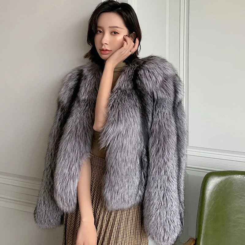 

Fox Fur Coat Women's Silver Winter 2023 Short Fashion Slim Fit 100% Nature Real Fur Overcoats Warm High Quality Outwear Female