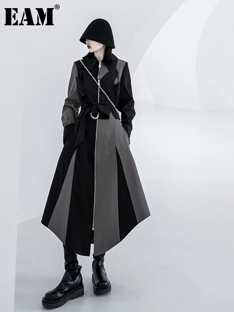 

[EAM] Women Color-block Long Irregular Trench New Lapel Long Sleeve Loose Fit Windbreaker Fashion Spring Autumn 2022 1DE9793
