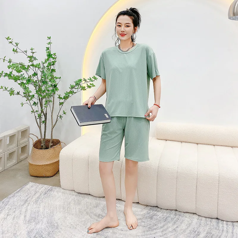 2023 New Pajamas Women's Summer Short-sleeved Cardigan Korean Style Comfortable and Cute Home Suit Loungewear with Round Neck