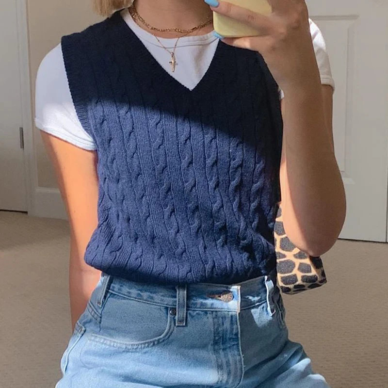 

E Girl Crop Sweater Vest Y2k Women Jumper Sexy V Neck Pullover Knitted Vests Women Y2k Preppy Style Top 2021 New Solid Knitwear