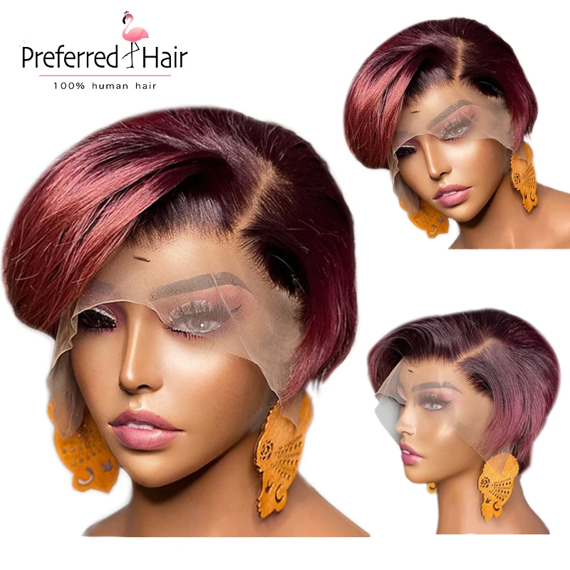 99J Red Burgundy Ombre Color Short Pixie Cut Straight Bob Preplucked Lace Front T Part Human Hair Wigs With Bangs Black Women