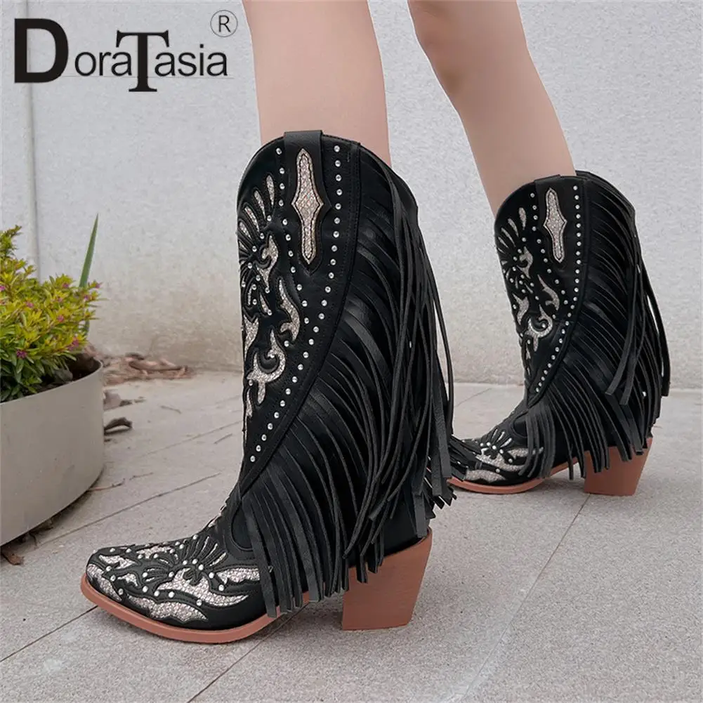 Plus Size 46 Brand New Ladies Cowgirl Boots Fashion Embroidered Fringe Chunky High Heels women's Boots Party Western Shoes Woman