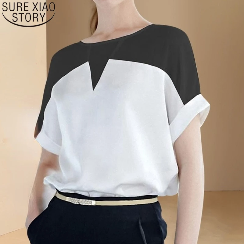 

2022 Summer Two-color Short Sleeve Blouse Women Shirts White and Black Office Lady Fashion Loose Round Neck Clothes Blusas 18902