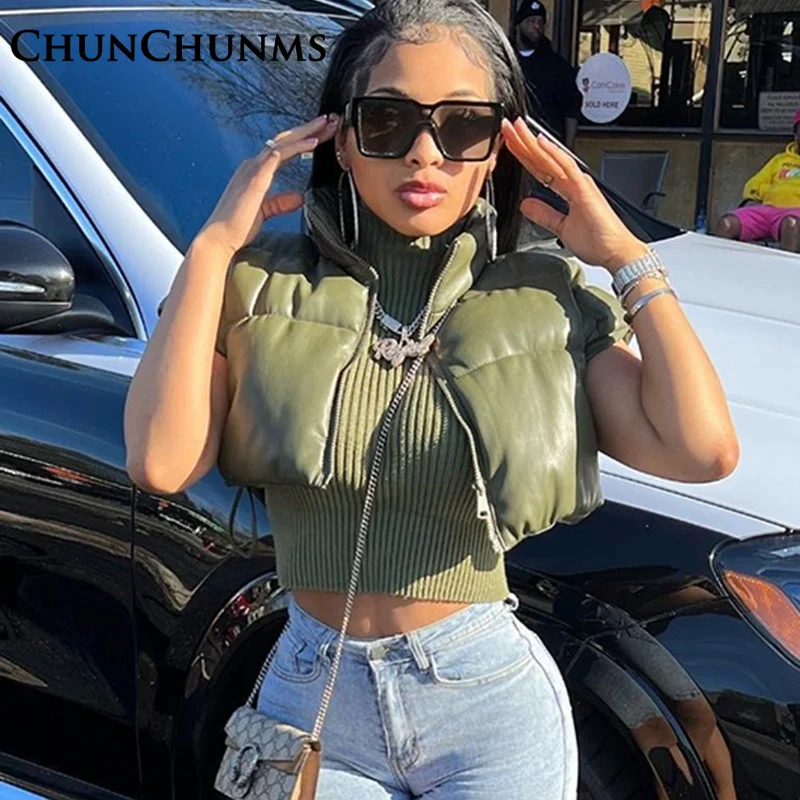 2022 Winter Warm Cotton Padded Vest Sleeveless Down Jacket Women Zipper Stand Collar Crop Coats Street Casual Autumn Waistcoat